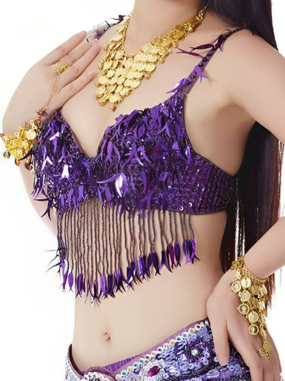 Belly Dancewear Chili Pepper Tassel Sleeveless Bra with Sequins & Beading