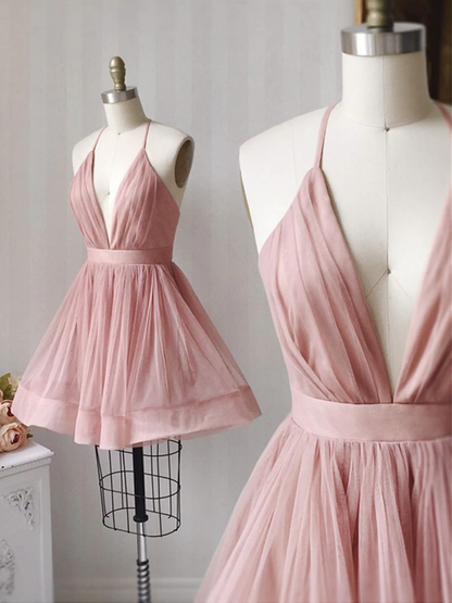 A Line V Neck Short Pink Tulle Prom Dresses, Short Pink Tulle Formal Homecoming Dresses gh1621