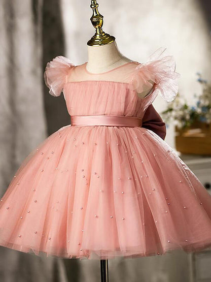 Ball-Gown/Princess Tulle Knee-length Pearl Pink Flower Girl Dress