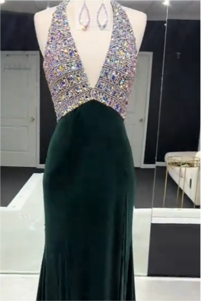 edgynewlook Glamorous Dark Green Halter Sleeveless Split Mermaid Prom Dress with Beadings