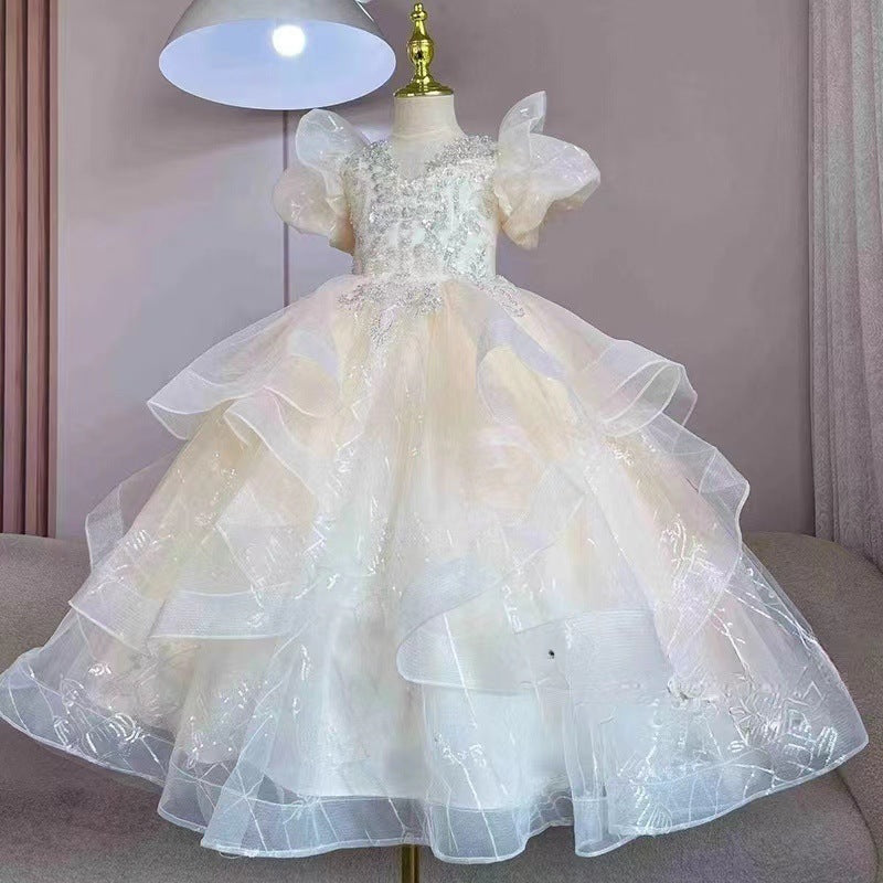 Short Sleeves A-Line/Princess Flower Girl Party Dress with Rhinestone Appliques