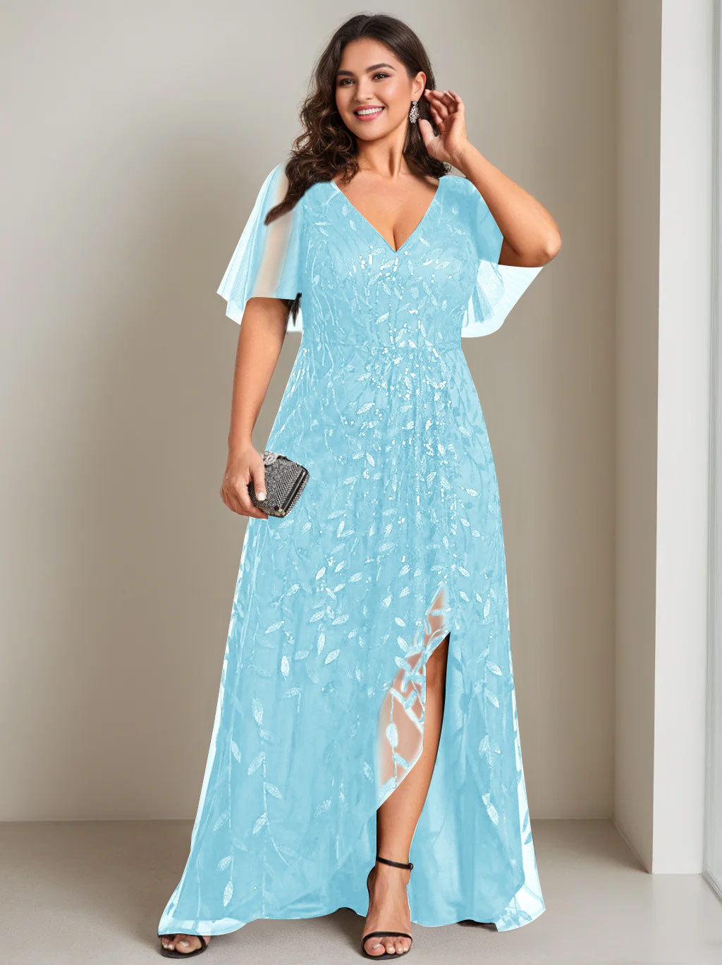 A-Line/Princess V-Neck Short Sleeves Asymmetrical Plus Size Mother Of The Bride Dresses with Sequins