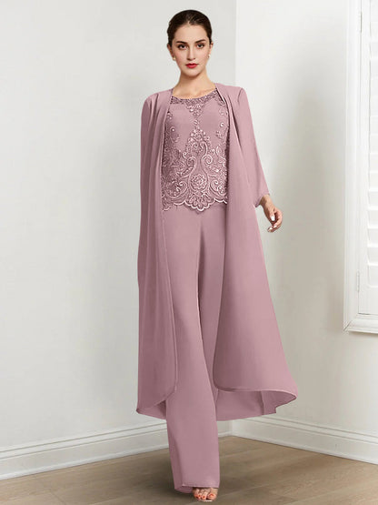 Chiffon Round Neck Floor-Length Mother Of The Bride Pantsuits With Jacket & Applique