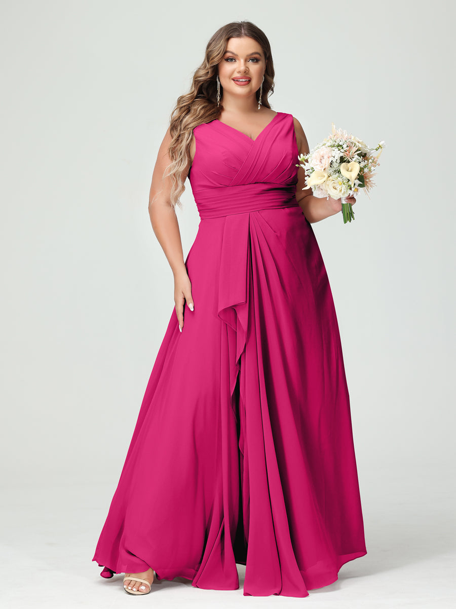 A-Line/Princess V-Neck Sleeveless Chiffon Ruffles Plus Size Bridesmaid Dresses with Pockets & Ruffles