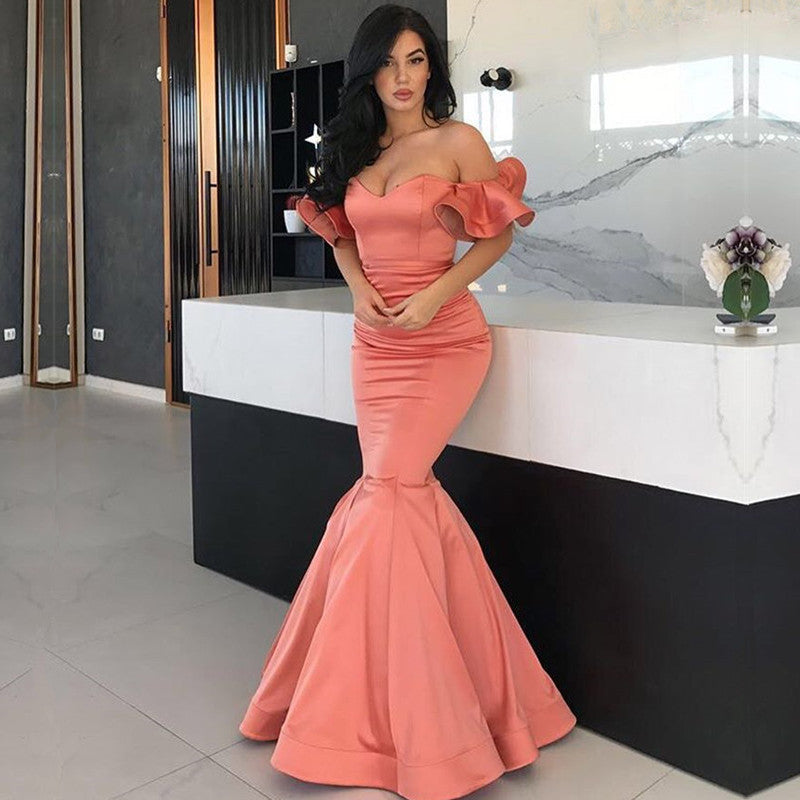 Coral Off-the-Shoulder Mermaid Long Prom Dress PD0671