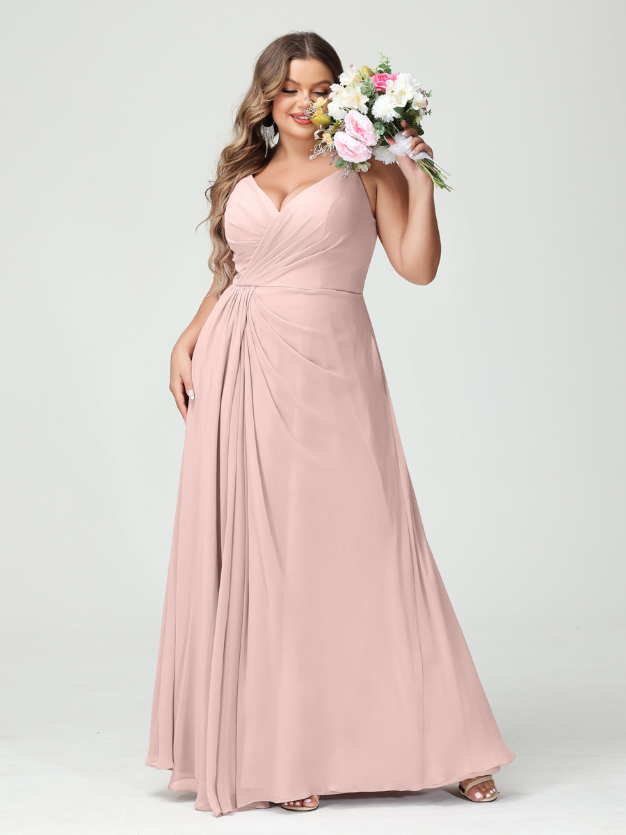 A-Line/Princess/Princess Spaghetti Straps Sleeveless Chiffon Plus Size Bridesmaid Dresses with Pockets & Split Side