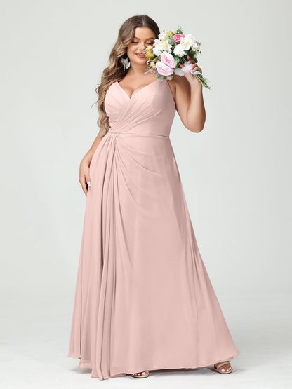 A-Line/Princess/Princess Spaghetti Straps Sleeveless Chiffon Plus Size Bridesmaid Dresses with Pockets & Split Side