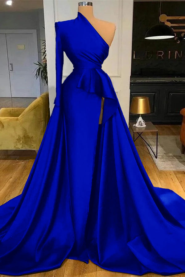 Dark Blue Long Sleeves Mermaid Long Prom Dress Split PD0685