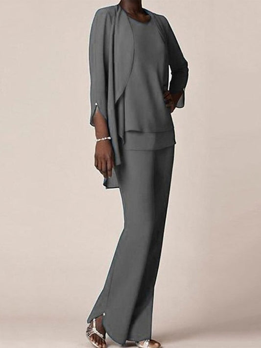 Chiffon V-Neck Long Sleeves Floor-Length Mother of the Bride Pantsuits with Ruffles