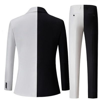 Men's Black White PatchworkPunk Fashion Standard Fit Single Breasted Party Prom Suits 2 Piece