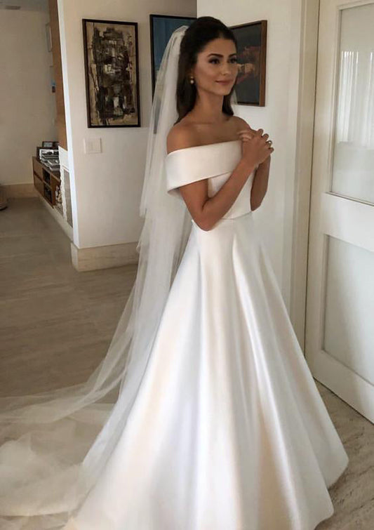 A-Line/Princess Off-the-Shoulder Floor-length Wedding Dress