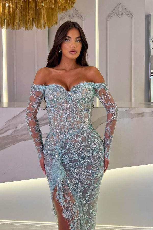 Elegant Sweetheart Lace Split Strapless Prom Dress With Long Sleeves ZT0219