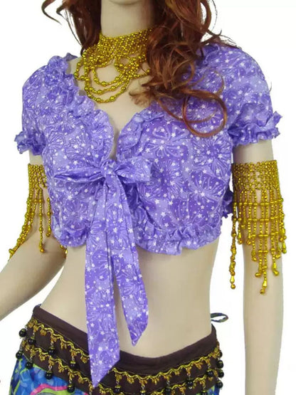 Belly Dance V-Neck Short Sleeves Ruched Short Top with Bow(s) & Printed Flower