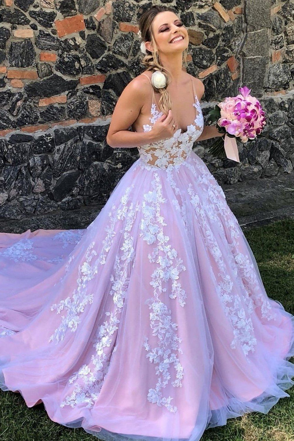 LTP1034,Gorgeous V Neck Backless Lace Floral Lilac Long Prom Dress, Formal Evening Dress,Floral A Line Long Wedding Dress