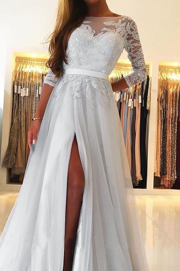 Long Sleeves A-Line Prom Dress Split With Lace PD0862