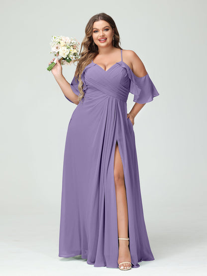 A-Line/Princess/Princess Spaghetti Straps Short Sleeves Chiffon Plus Size Bridesmaid Dresses with Pockets,Ruched Split Side