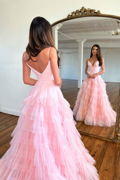 Pink Prom Dress Mermaid Sleeveless Spaghetti Strap Tulle YL0112