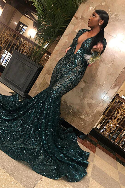 Emerald V-Neck Long Sleeves Sequins Lace Prom Dress Mermaid PD0789