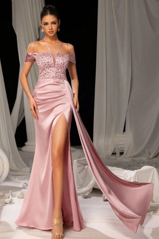 Pink Sequins Split Double Shoulder Straps Prom Dress ZT0346