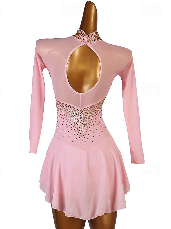 Dance Salsa Latin Dance Dress Rhinestone Women‘s Performance Training Long Sleeve High Spandex Tulle