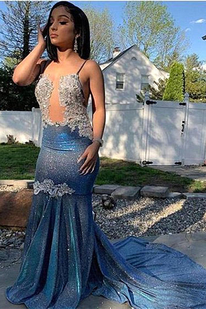 edgynewlook Blue Spaghetti-Straps Prom Dress Mermaid Long With Sequins