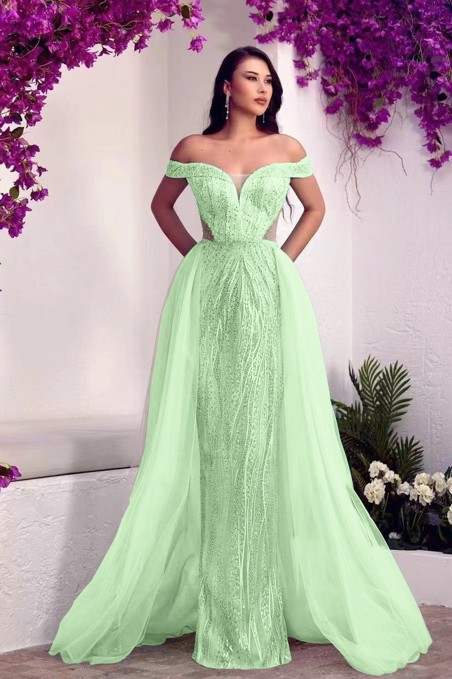 Glamorous Off-The-Shoulder Sweetheart Tulle Prom Dress Overskirt With Sequins Beads ED0386