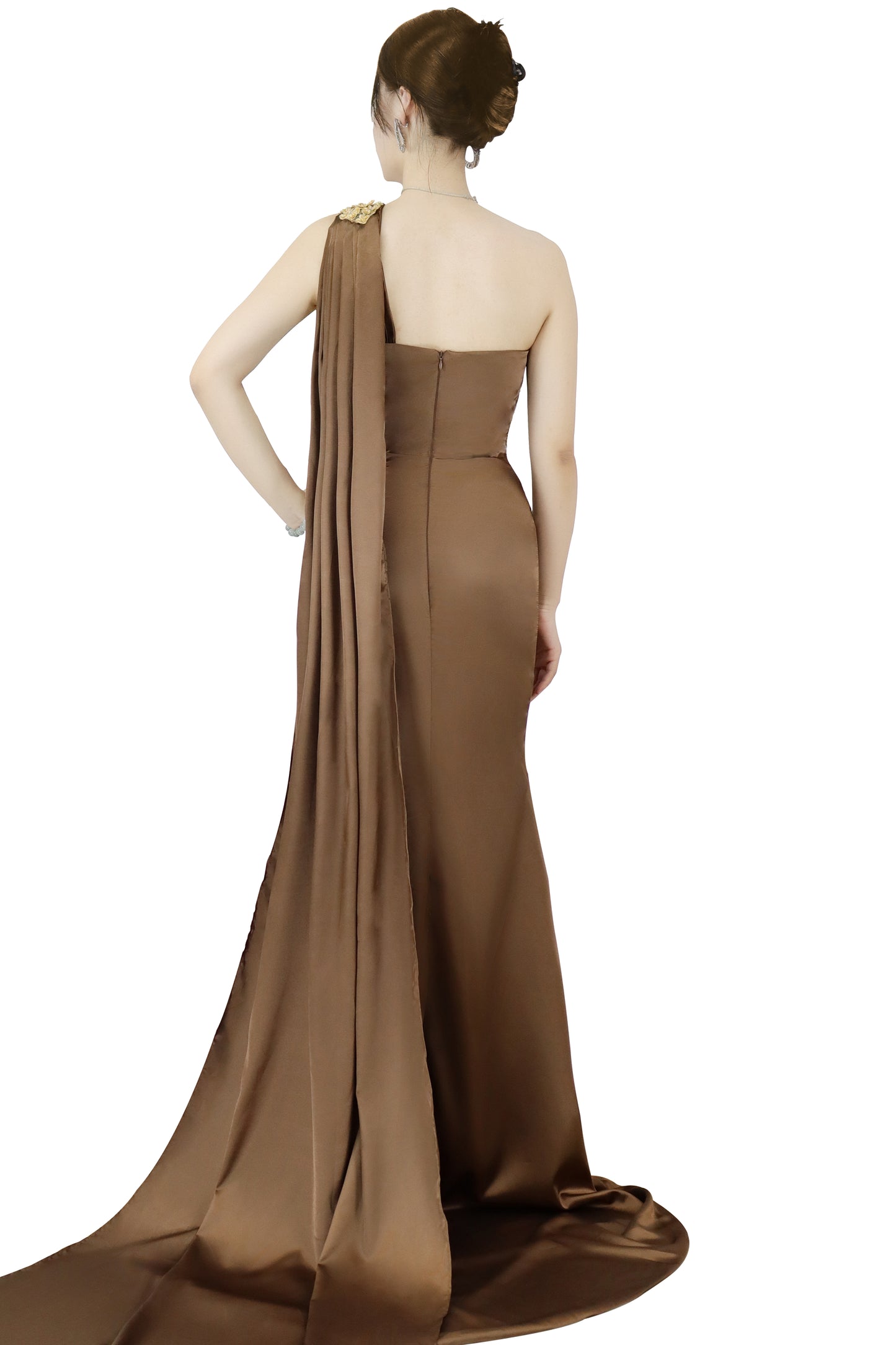 Long Prom Dress With Slit One Shoulder Sleeveless Brown YX00009