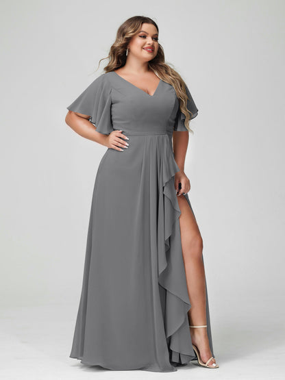 A-Line/Princess V-Neck Half Sleeves Chiffon Plus Size Bridesmaid Dresses with Split Side & Ruffles