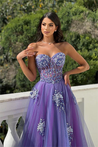 edgynewlook Glamorous Purple Tulle Strapless Sleeveless Beadings Split Prom Dress with Applique