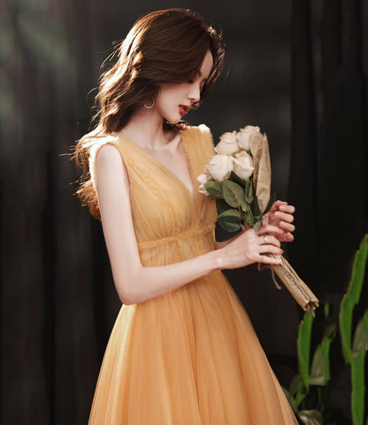 Yellow v neck tulle short prom dress homecoming dress  8982