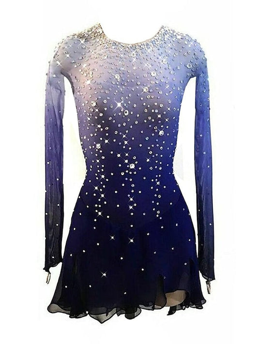 Blue Figure Skating Dress Wear Women's Girls' Long Sleeve Ice Skating Dress