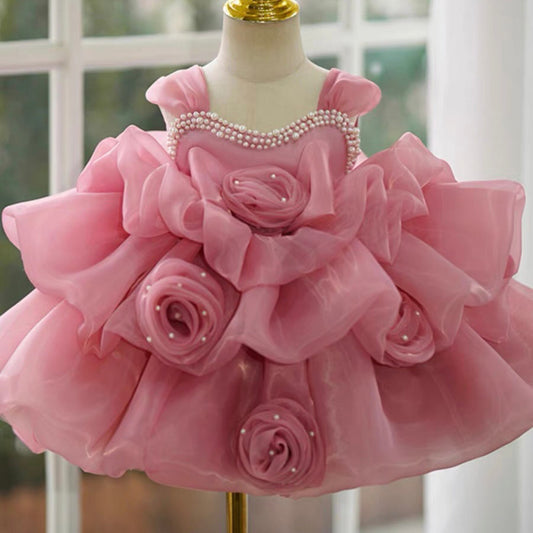 Ball Gown Sleeveless Knee-Length Baby Girl Party Dress with Ruched Flowers