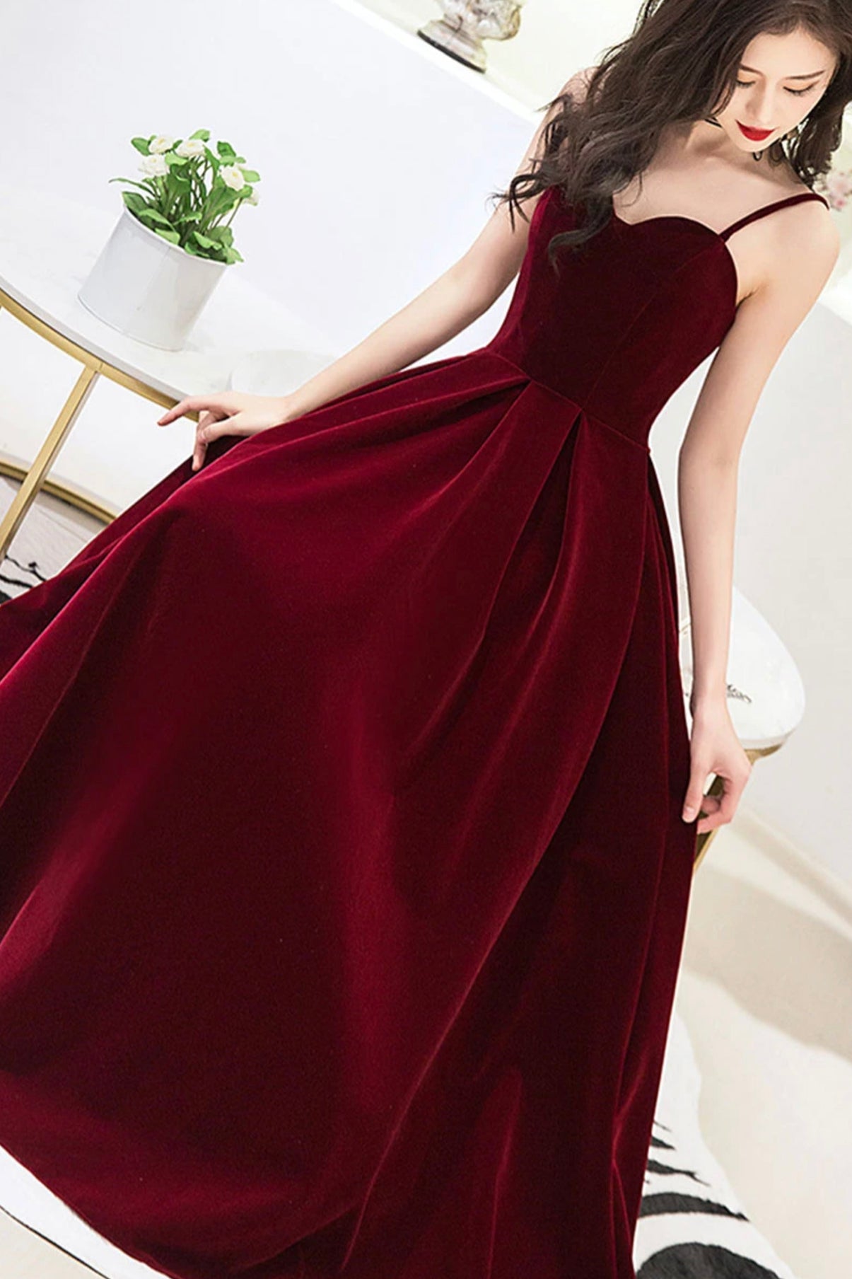 Burgundy velvet short prom dress homecoming dress  8654