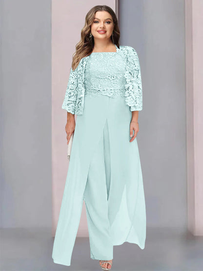 Chiffon Square Neck Floor-Length Plus Size Mother of the Bride Pantsuits with Jacket & Split Side