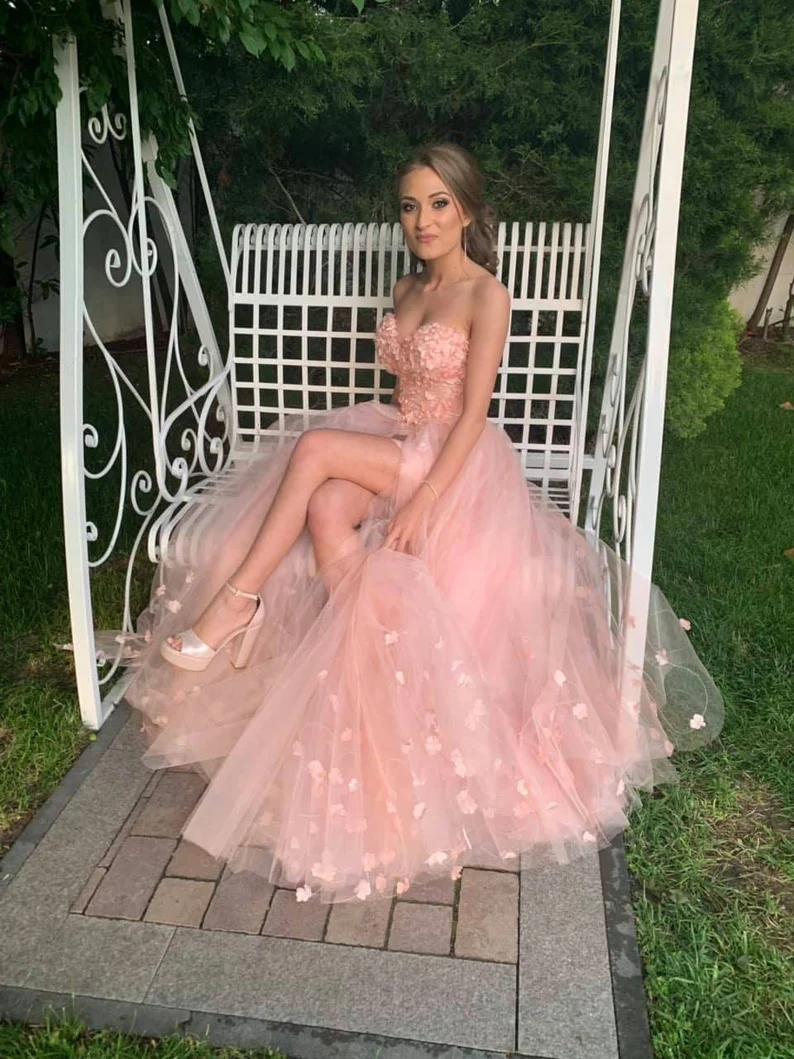 Pink floral sleeveless corset tulle long prom evening gown wedding dress gh995