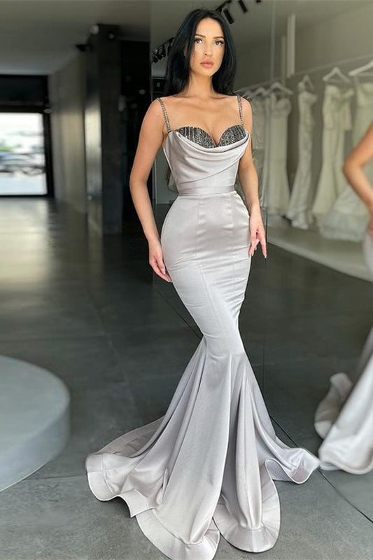 edgynewlook Spaghetti-Straps Silver Gray Mermaid Prom Dress