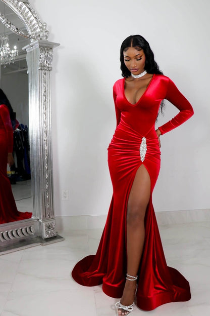 Red Prom Dress Long Sleeve Simple With High Slit Pleated YL0138