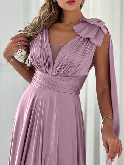 A-Line/Princess V-neck Sleeveless Floor-Length Bow(s) Split Front Wedding Guest Dresses