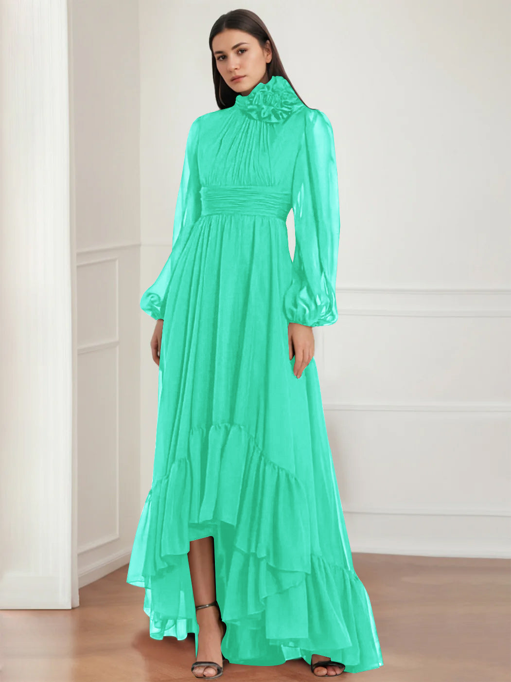 A-Line/Princess Jewel Neck Long Sleeves Asymmetrical Mother of the Bride Dresses with Flower & Ruffles