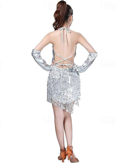 Sequins Tassel Latin Dance Dress for Women's Party Dresses  with Gloves