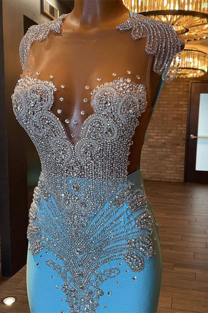 edgynewlook Sleeveless Blue Popular Mermaid Prom Dress Appliques With Beads