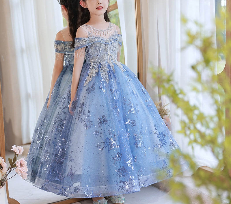 A-Line/Princess Off-the-Shoulder Flower Girl Party Dress with Rhinestone Appliques