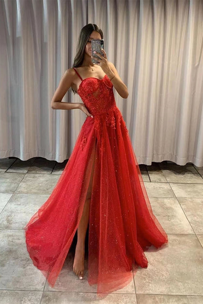 Red Spaghetti-Strap Sweetheart Slit Sequins Prom Dress With Tulle ED0262