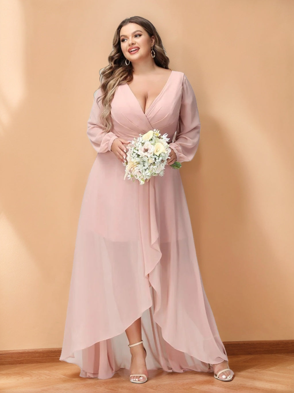 A-Line/Princess V-Neck Long Sleeves Asymmetrical Plus Size Bridesmaid Dresses with Pockets