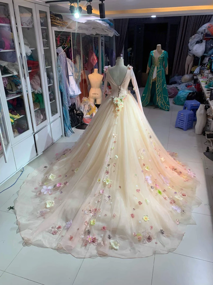 Gorgeous floral applique exquisite long sleeve sleeping beauty wedding dress evening gown ball gown gh2093