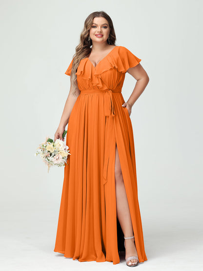 A-Line/Princess V-Neck Short Sleeves Chiffon Plus Size Bridesmaid Dresses With Pockets,Ruffles  ,Ruched & Split Side