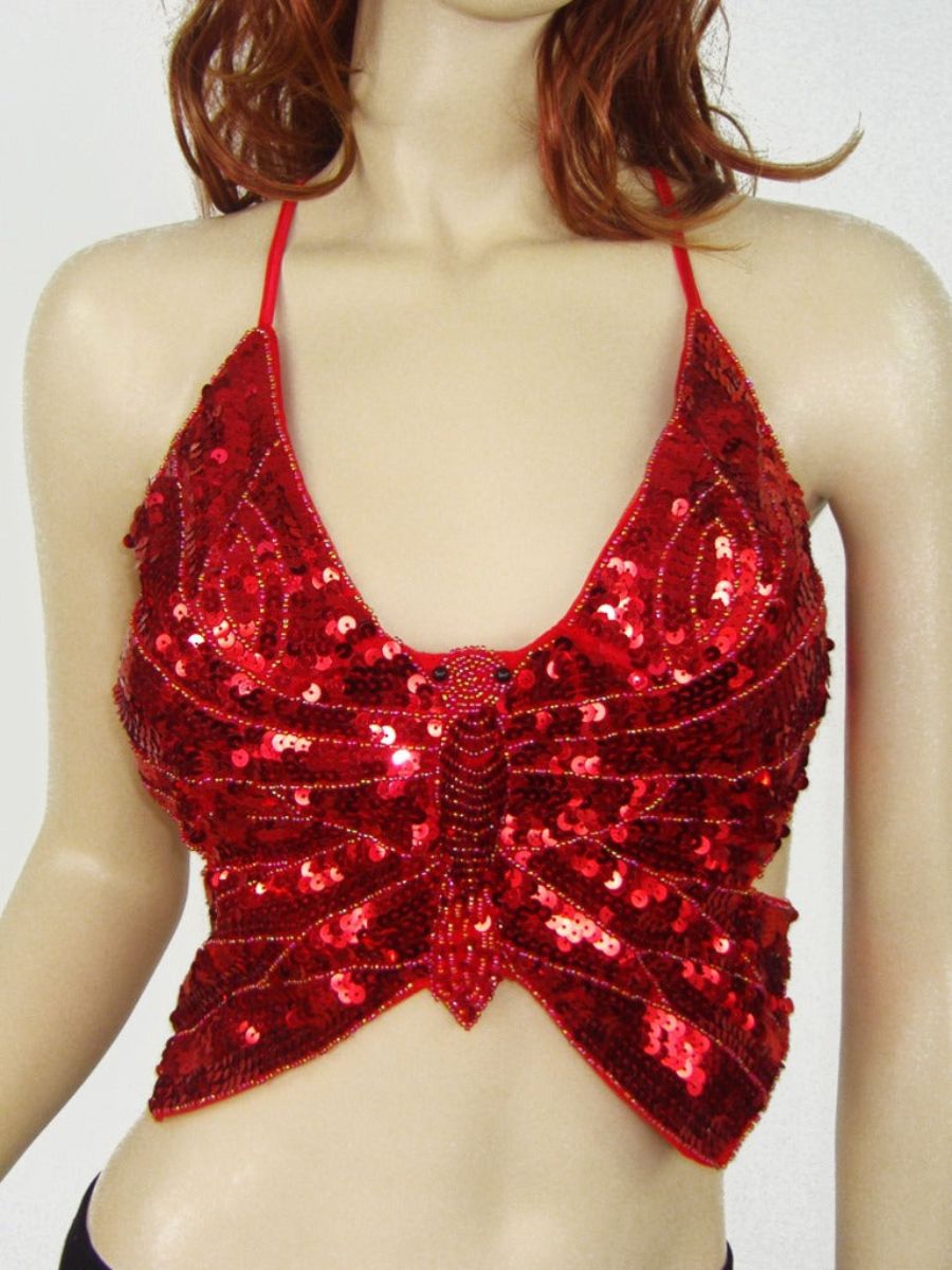 Belly Dance V-Neck Sleeveless Butterfly Sexy Bar with Beading & Sequins