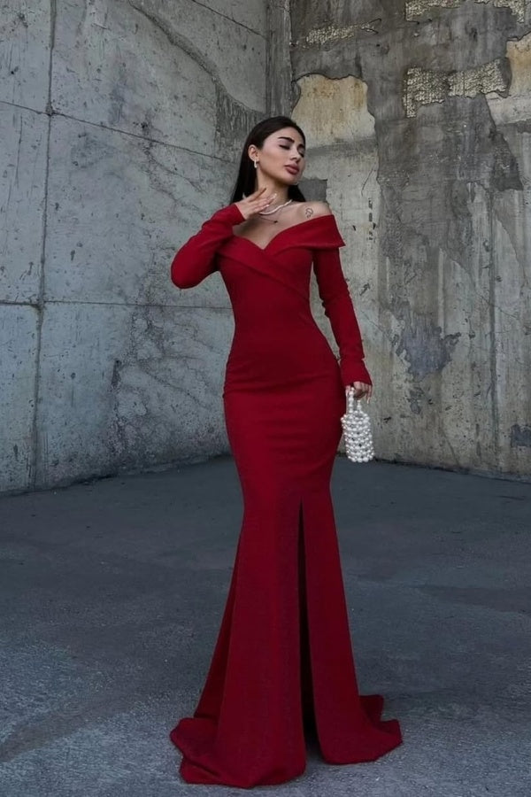 Red Off-The-Shoulder Long Sleeves Split Prom Dress ZT0339