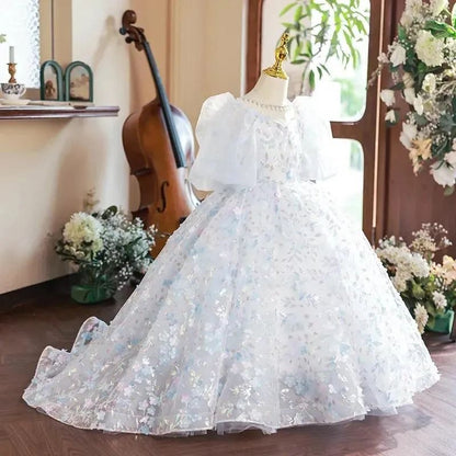 Princess Short Sleeves Ball Gown Girl Party Dress with Crystal Flower Appliques