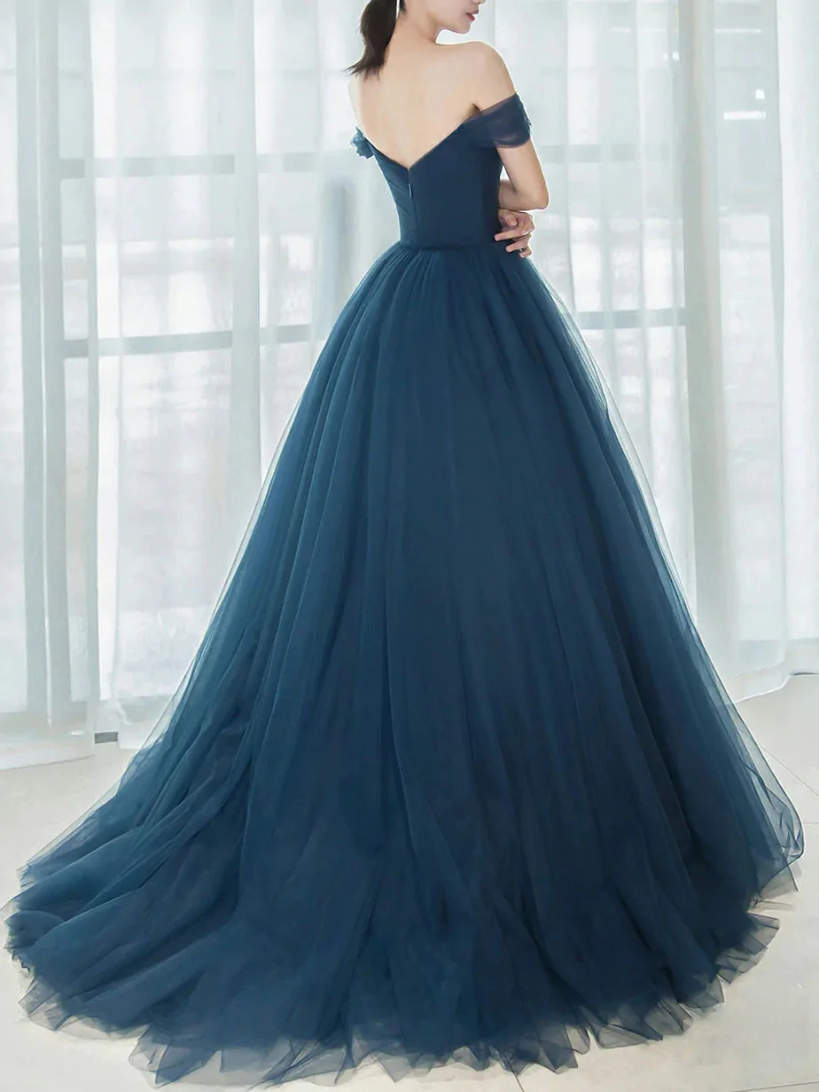 Simple blue off shoulder long prom dress, v neck tulle bridesmaid dress gh2288